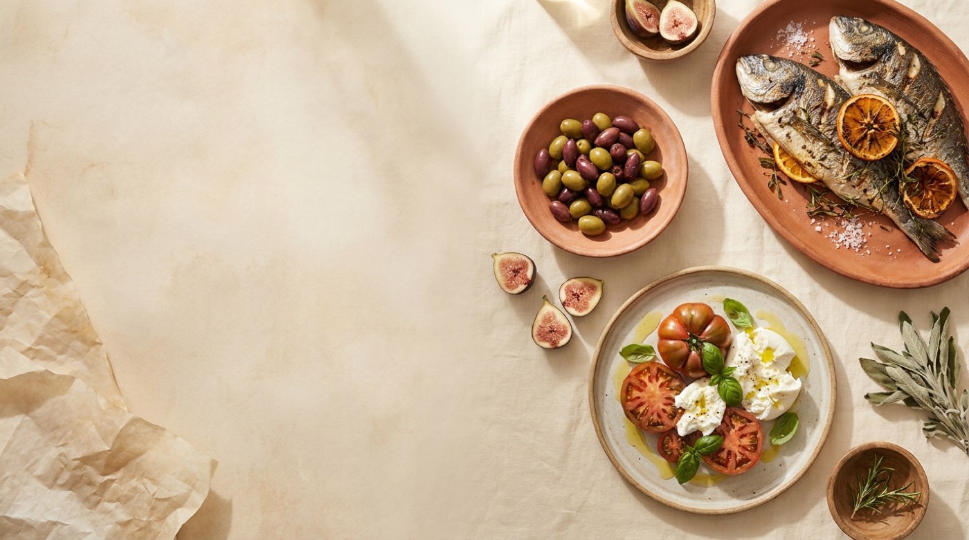 A naturally gluten-free spread — grilled fish with citrus, olives, and burrata with heirloom tomatoes on terracotta ceramics